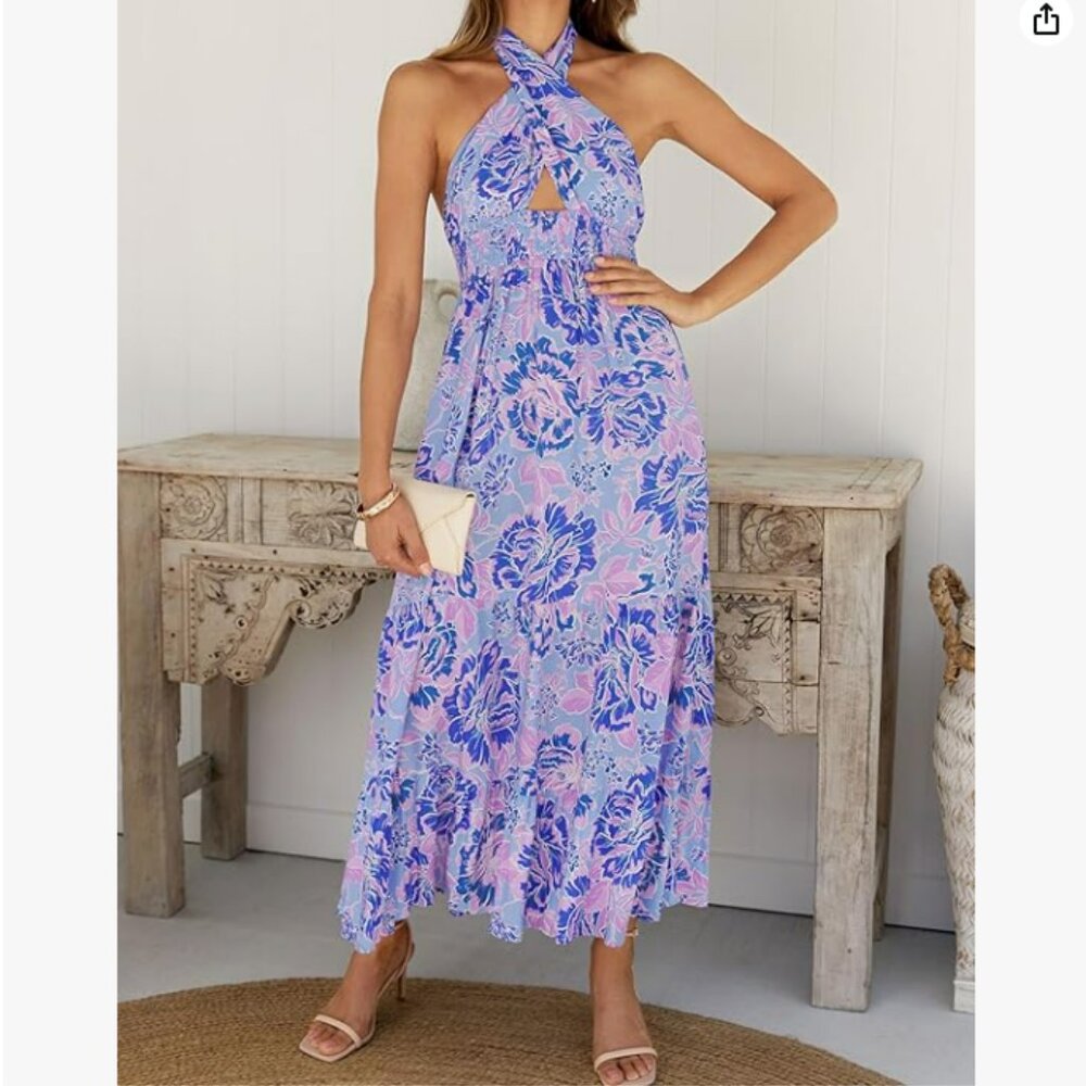 ZESICA Crossover Halter Neck Backless Summer Maxi Dress - NEW